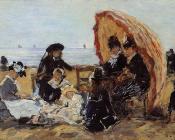尤金 布丹 : Trouville, on the Beach Sheltered by a Parasol